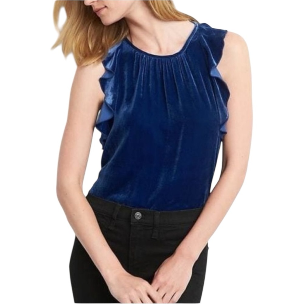 NWT GAP Velvet Ruffle Blue Flutter Sleeve Top XS